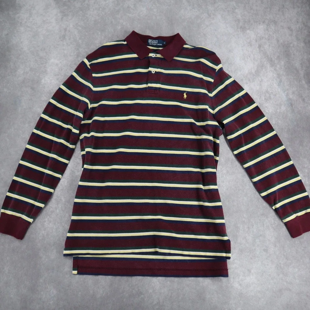 Vintage Polo Ralph Lauren Long Sleeve Striped Rugby Polo Shirt Mens M Preppy 90s